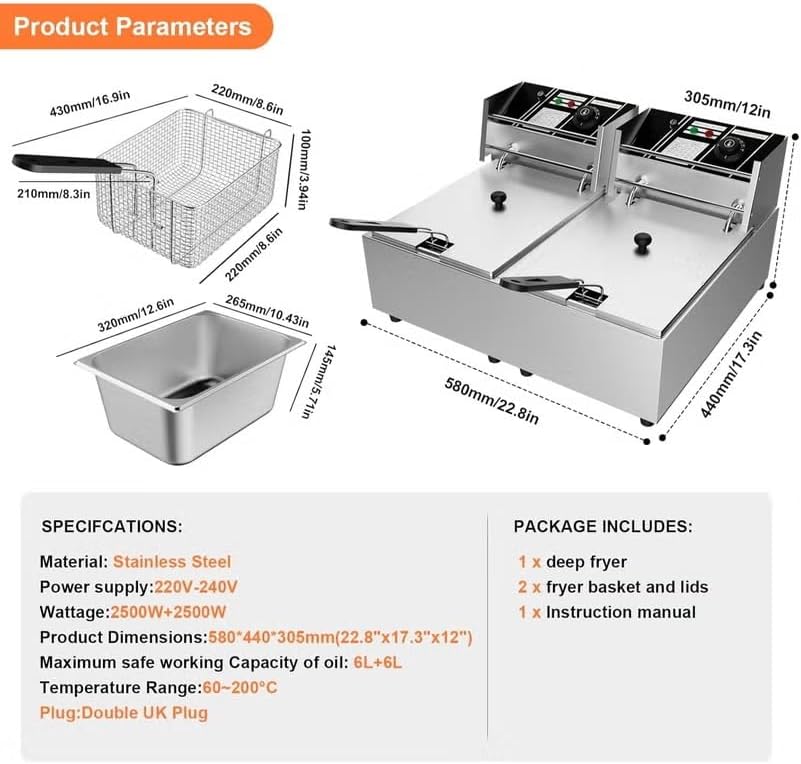 ECCO 2 Tank Commercial Deep Fryer 6+6L 2500W – Double Tank Electric Fryer with Commercial Chips Cutter - Image 4