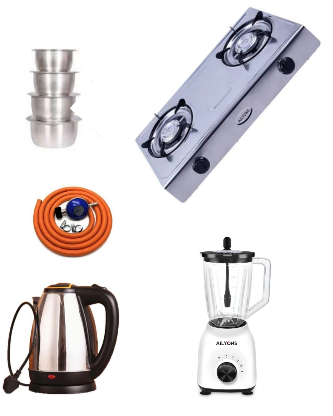 AILYONS GS017 Stainless Steel Double Burner Gas Stove Combo – Gas Pipe, 6Kg Regulator, 2L Electric Kettle, TYB-201 Blender & 4pcs Sufuria Set