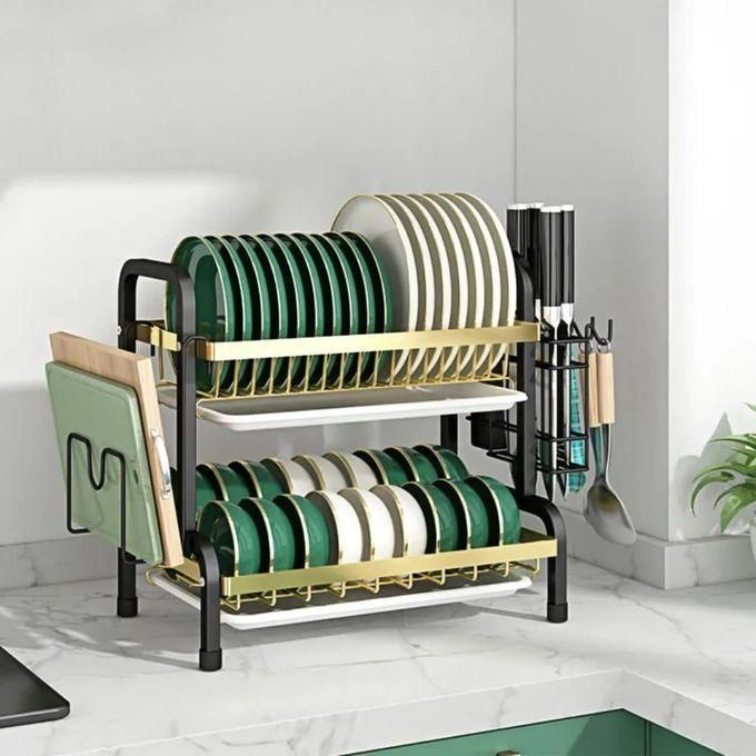 2-Tier Stainless Steel Dish Rack – Black & Gold Rustproof Kitchen Organizer - Image 2