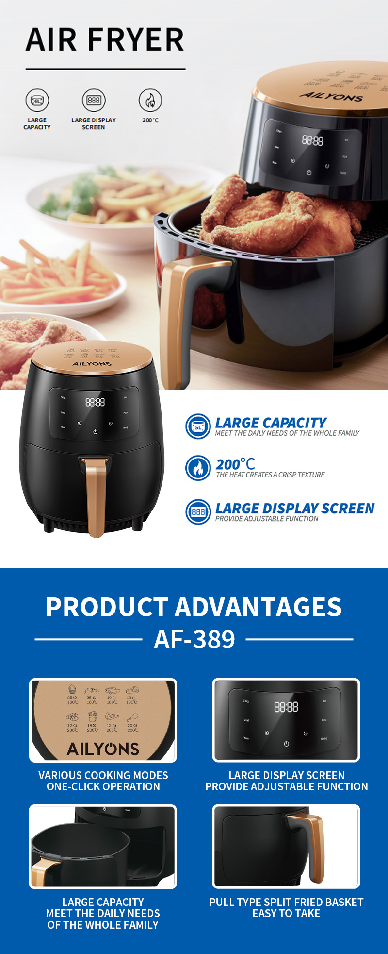 AILYONS AF-389 Air Fryer 5L–5.5L 1400W – Adjustable Temperature, Non-Stick Basket & Rapid Air Cooking - Image 3