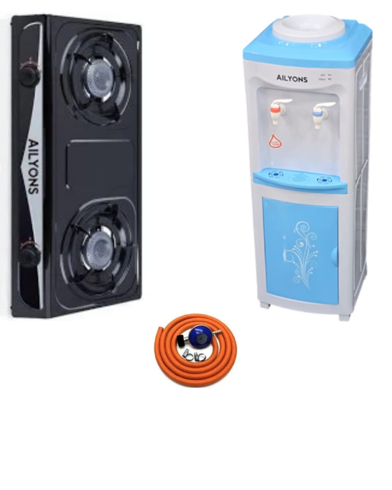 Ailyons GS013 2 Burner Table Top Gas Stove Combo – Gas Regulator, Gas Pipe, Pipe Fasteners & Free Standing Hot & Normal 2 Tap Water Dispenser