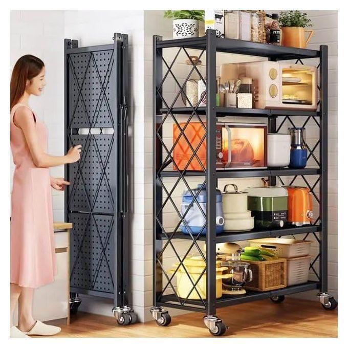 Foldable 5-tier kitchen storage rack with lockable wheels for microwaves, air fryers, cookware, and kitchen appliances in Kenya