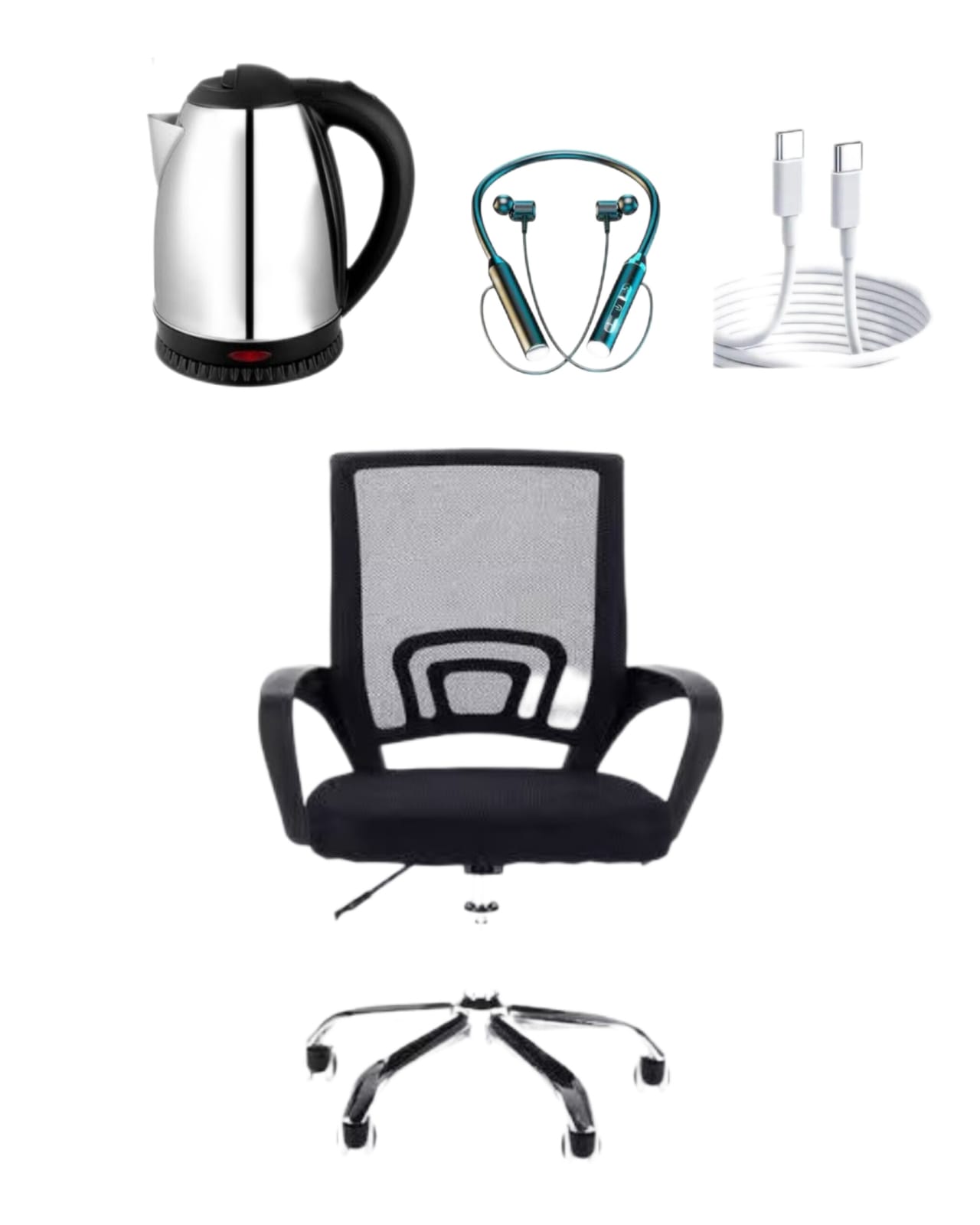 Ergonomic swivel office desk chair with Bass Bluetooth neckband earphones and Type-C to Type-C fast charging cable combo available at Manase Depot Kenya.