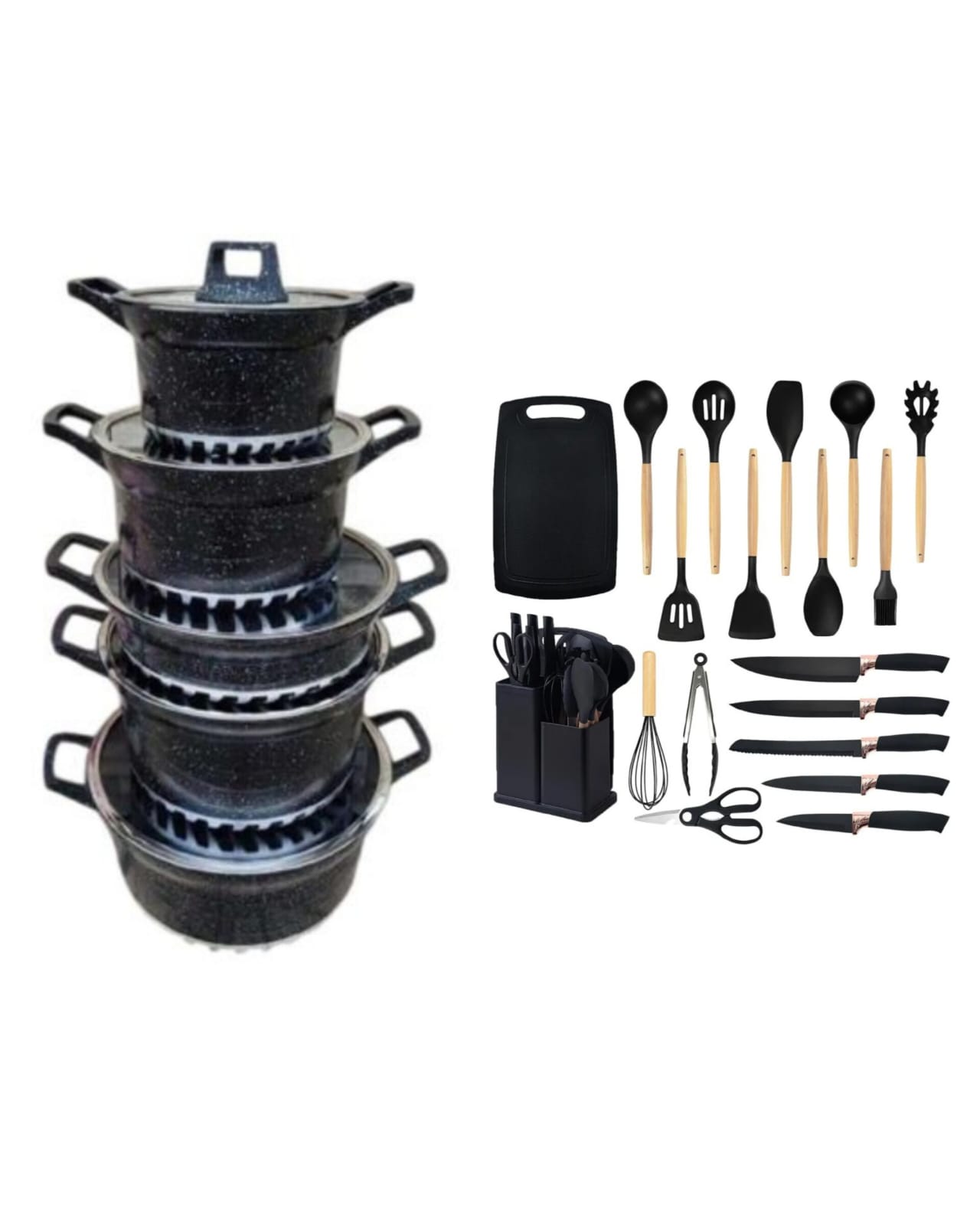 Bosch 10-piece black granite non-stick cookware set with 19-piece silicone kitchen utensil set available at Manase Depot Kenya.