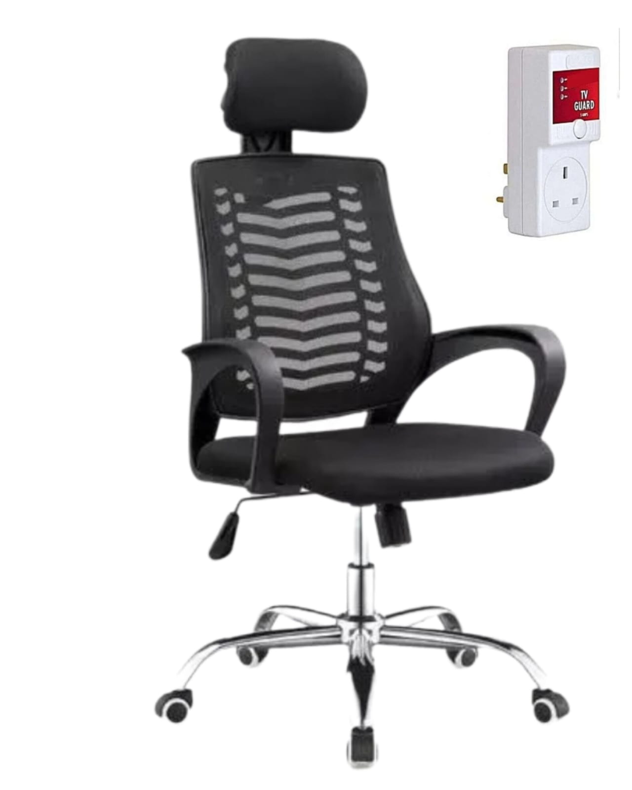 Ergonomic office swivel chair with breathable mesh back and adjustable height paired with a 13 Amps FK TV guard for voltage protection, available at Manase Depot Kenya.