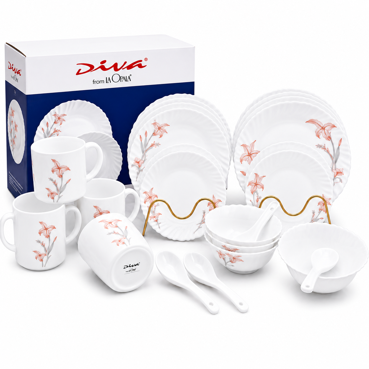 Diva Opala 24 Pcs Classique Diana Opalware Glass Dinner Set featuring coordinated plates, bowls, cups and matching tableware pieces in an elegant design. The smooth glossy finish and classic styling make the set suitable for everyday dining, entertaining and special occasions.
Diva Opala 24 Pcs Classique Diana Opalware Glass Dinner Set