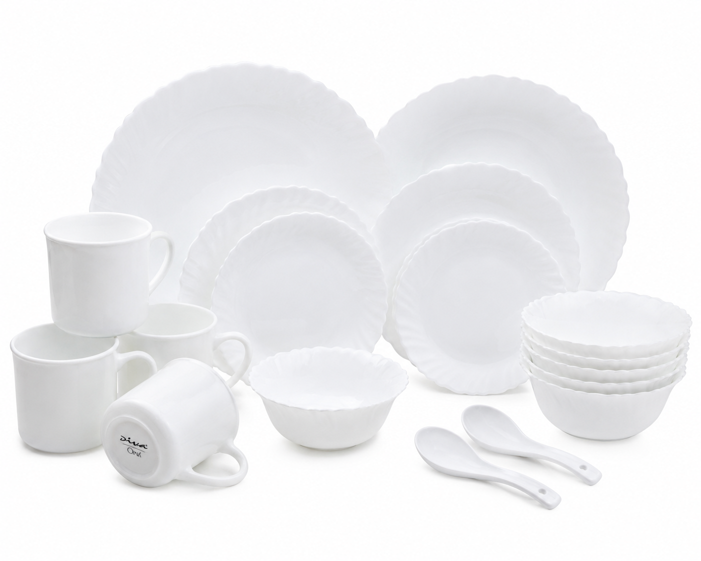 Diva Opala 24 Pcs Classique White Plain Dinner Set displayed on a dining table, featuring elegant white opalware plates, bowls, cups and spoons with a smooth glossy finish. The classic white design provides a timeless look suitable for everyday dining and entertaining.
Diva Opala 24 Pcs Classique White Plain Dinner Set